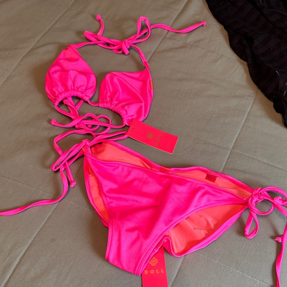 Yandy Black Sheer Striped Coverup & Neon Pink Bikini by Doll